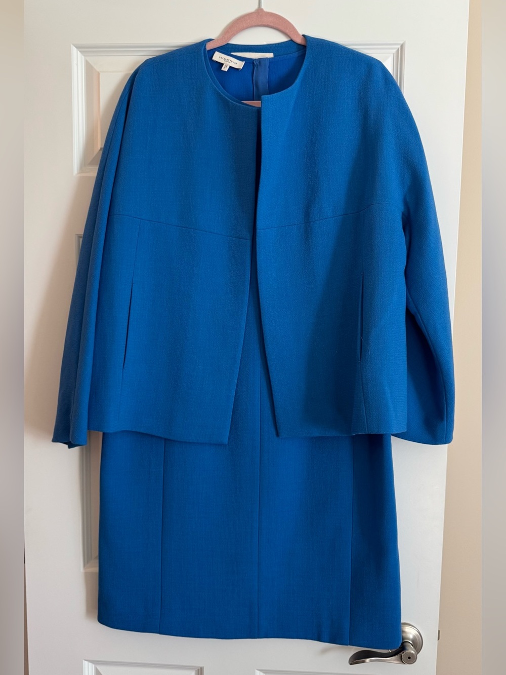 Lafayette 148 New York Vibrant Cobalt Blue Collarless Jacket Dress Wool Set 12
